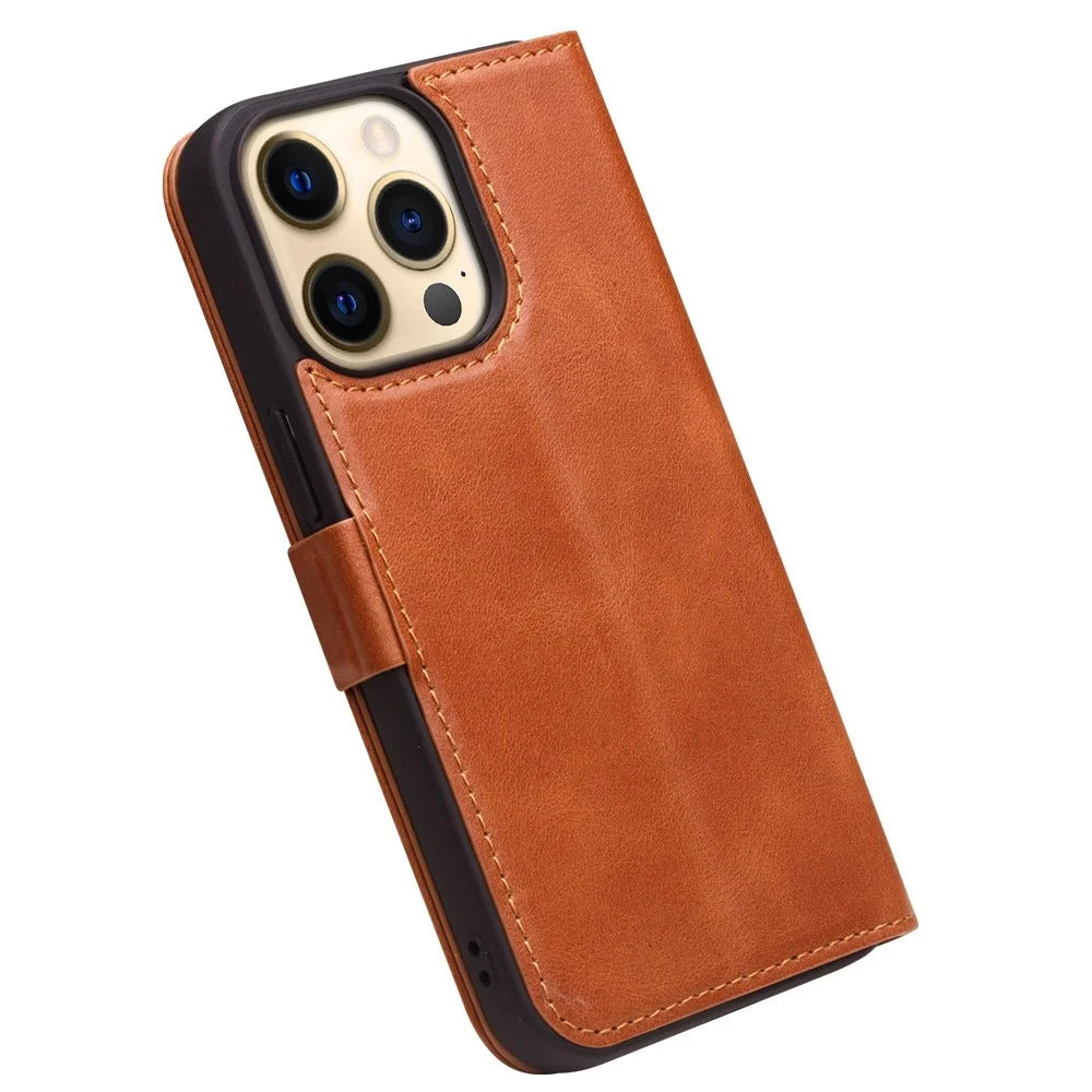 QIALINO For iPhone 14 Pro Fall-Proof Business Style Magnetic Closure Genuine Leather Flip Cover Wallet Stand Phone Case - Brown - 6