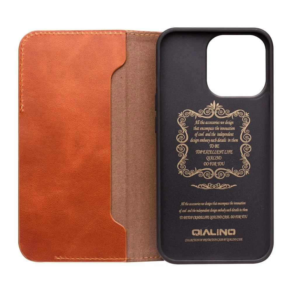QIALINO For iPhone 14 Pro Fall-Proof Business Style Magnetic Closure Genuine Leather Flip Cover Wallet Stand Phone Case - Brown - 7