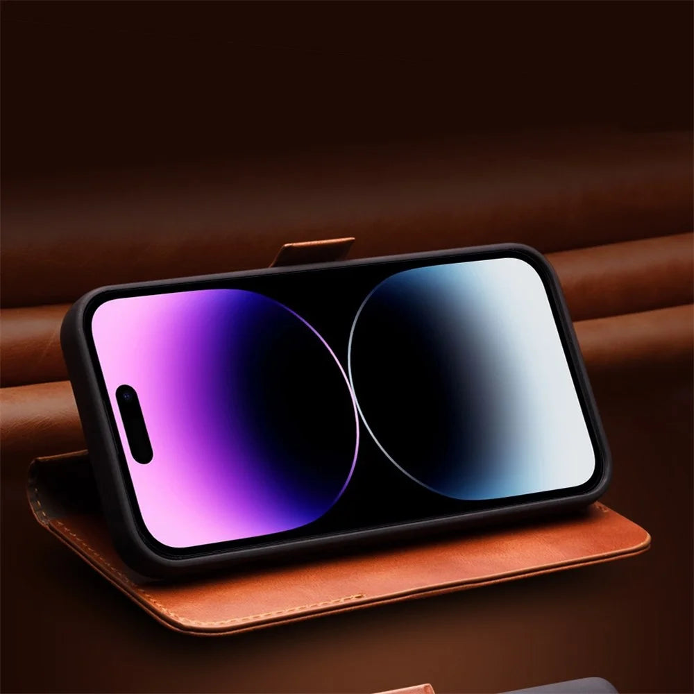QIALINO For iPhone 14 Plus Anti-Drop Business Style Magnetic Closure Genuine Leather Flip Cover Wallet Stand Phone Case - Brown - 3