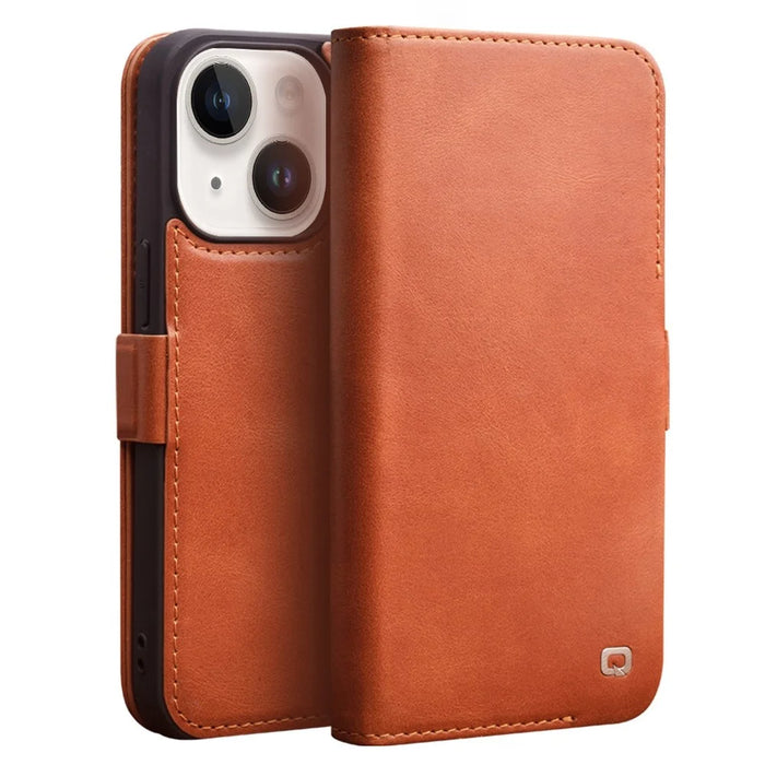 QIALINO For iPhone 14 Business Style Magnetic Closure Genuine Leather Flip Cover Wallet Stand Phone Case - Brown - 1