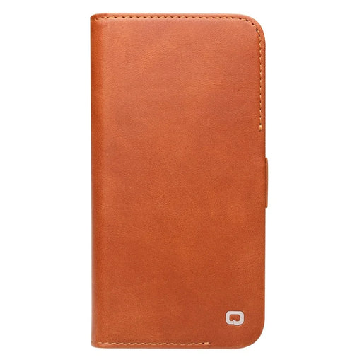 QIALINO For iPhone 14 Business Style Magnetic Closure Genuine Leather Flip Cover Wallet Stand Phone Case - Brown - 2