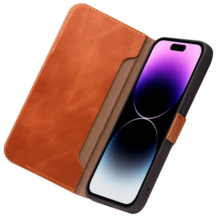 QIALINO For iPhone 14 Business Style Magnetic Closure Genuine Leather Flip Cover Wallet Stand Phone Case - Brown - 4