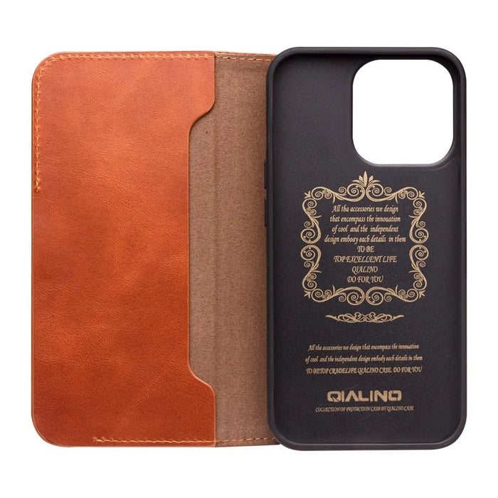 QIALINO For iPhone 14 Business Style Magnetic Closure Genuine Leather Flip Cover Wallet Stand Phone Case - Brown - 5
