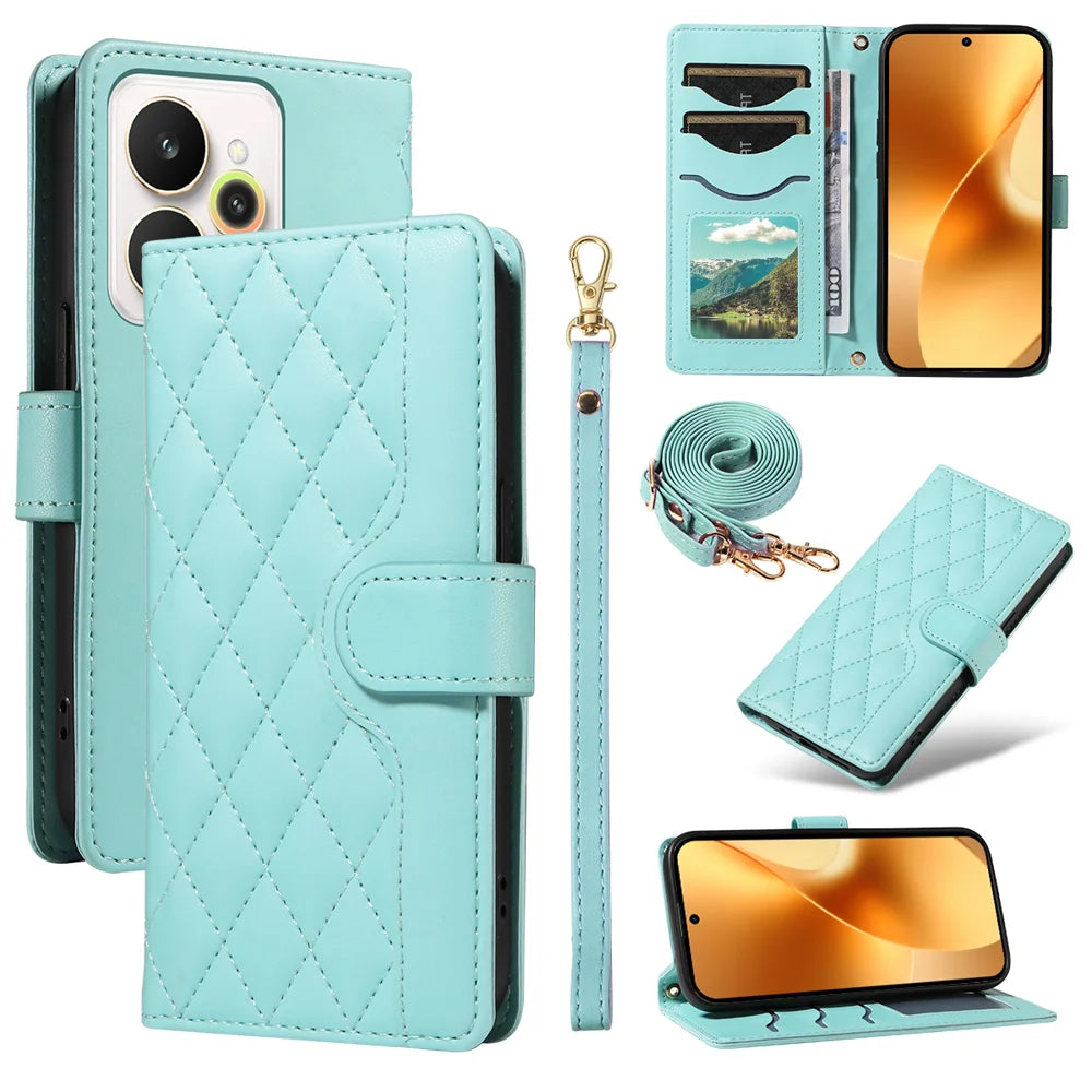 For Realme 15 Pro 5G / Realme 15 5G Wallet Case Rhombus Leather Phone Cover with Strap - Green - 1