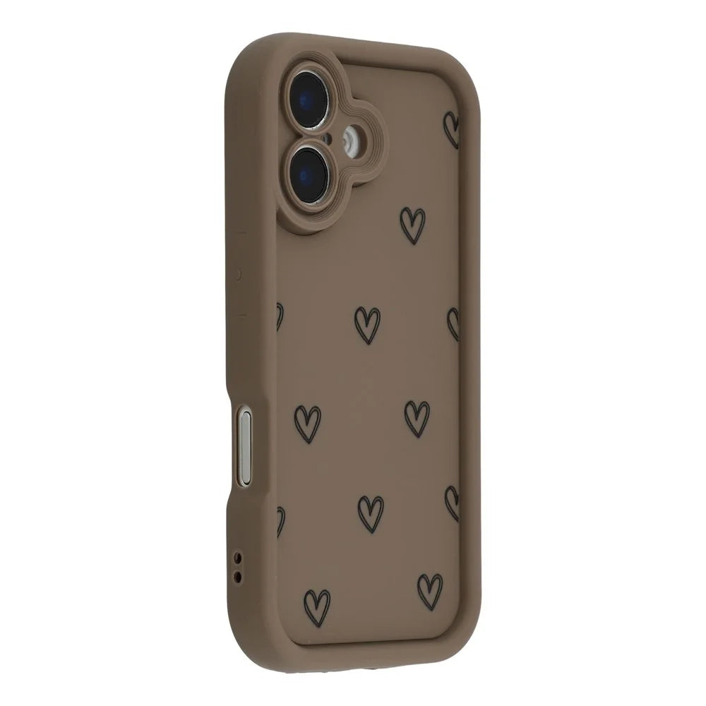 For iPhone 16 Phone Case Heart Pattern TPU Shockproof Protective Cover - Brown - 1