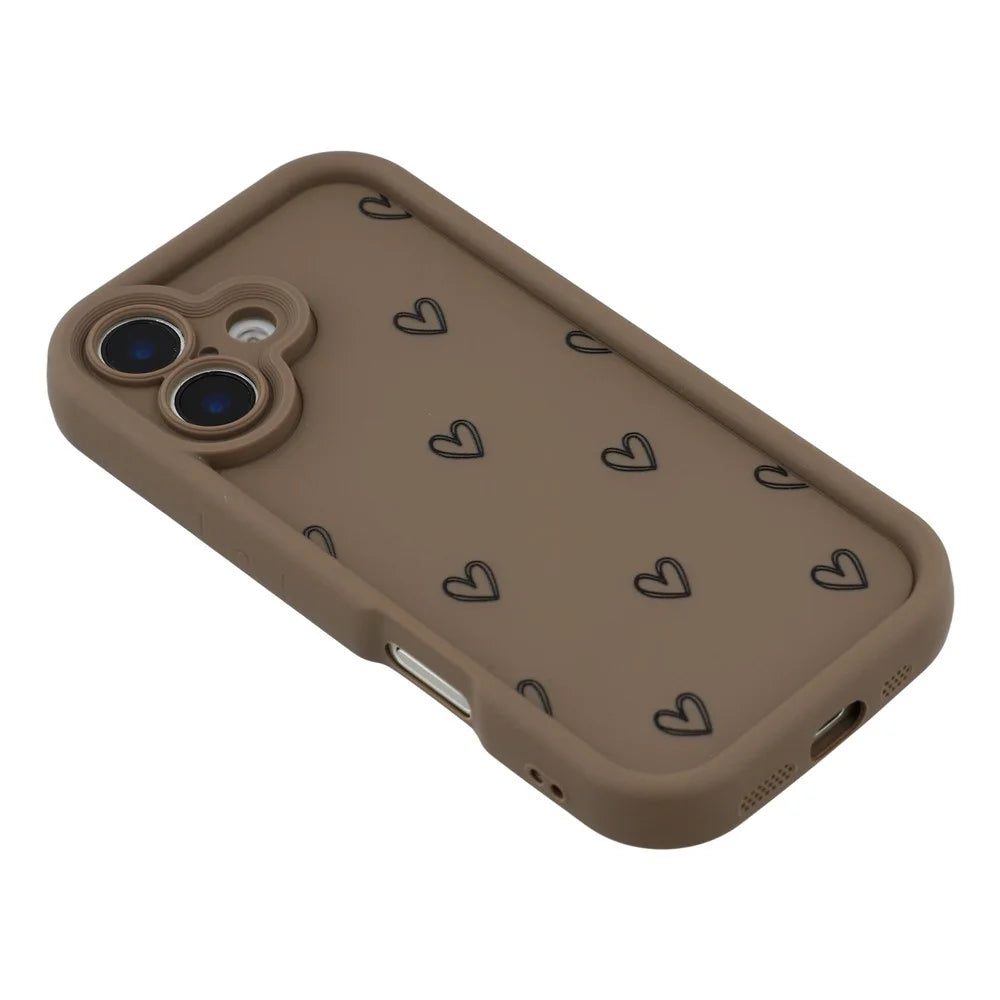 For iPhone 16 Phone Case Heart Pattern TPU Shockproof Protective Cover - Brown - 4