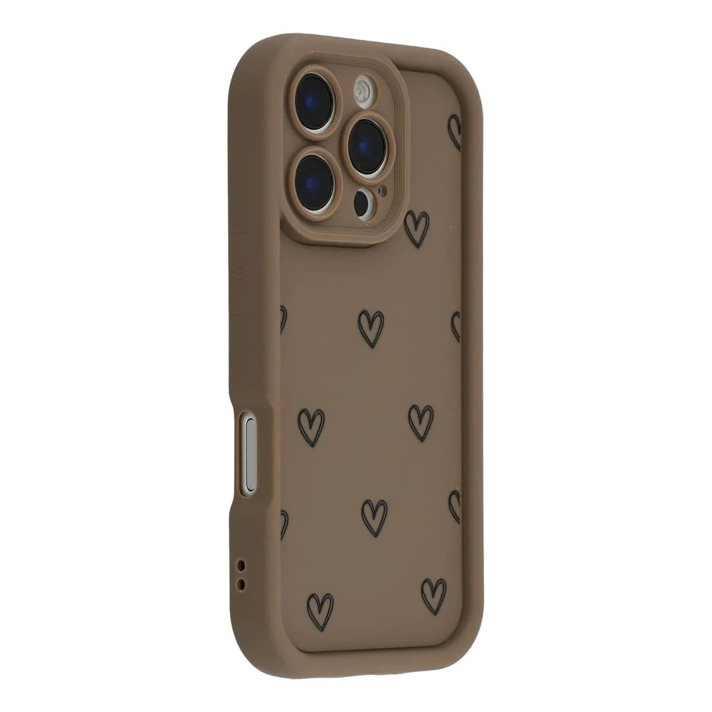 For iPhone 16 Pro Max Phone Case Heart Pattern TPU Shockproof Protective Cover - Brown - 1