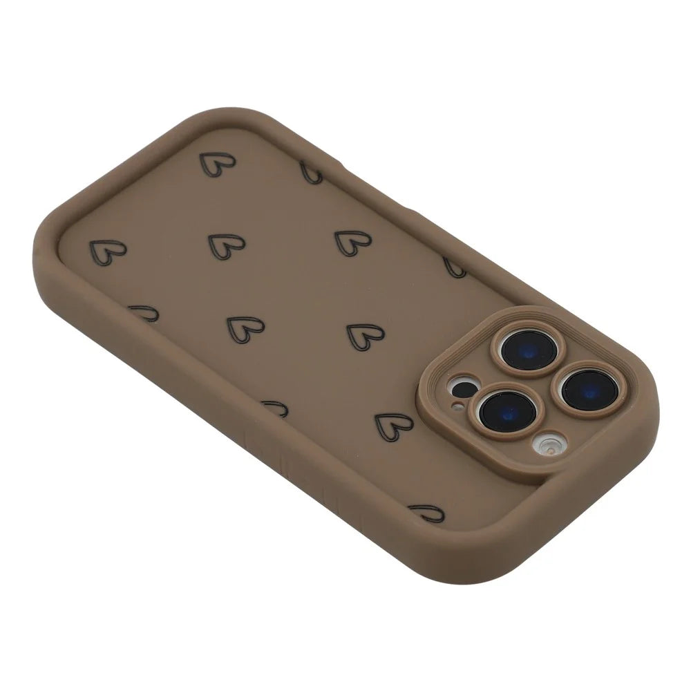 For iPhone 16 Pro Max Phone Case Heart Pattern TPU Shockproof Protective Cover - Brown - 5