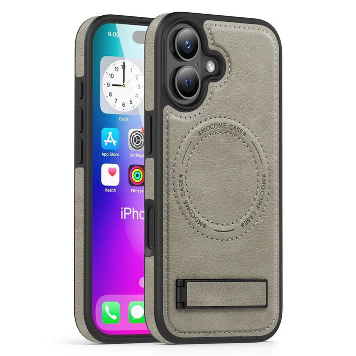 For iPhone 17 Case Compatible with MagSafe with Folded Kickstand PC Silicone Leather Phone Back Cover - Titanium Grey - 1