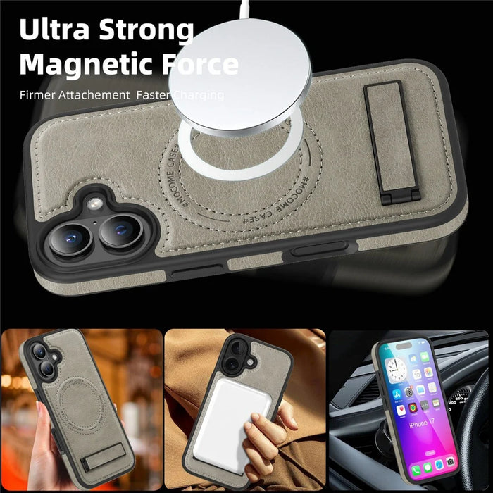For iPhone 17 Case Compatible with MagSafe with Folded Kickstand PC Silicone Leather Phone Back Cover - Titanium Grey - 2