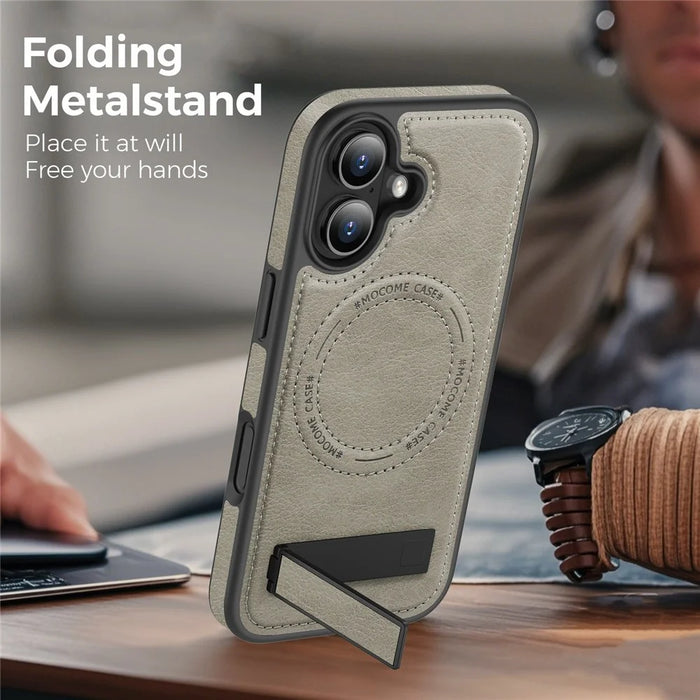 For iPhone 17 Case Compatible with MagSafe with Folded Kickstand PC Silicone Leather Phone Back Cover - Titanium Grey - 4