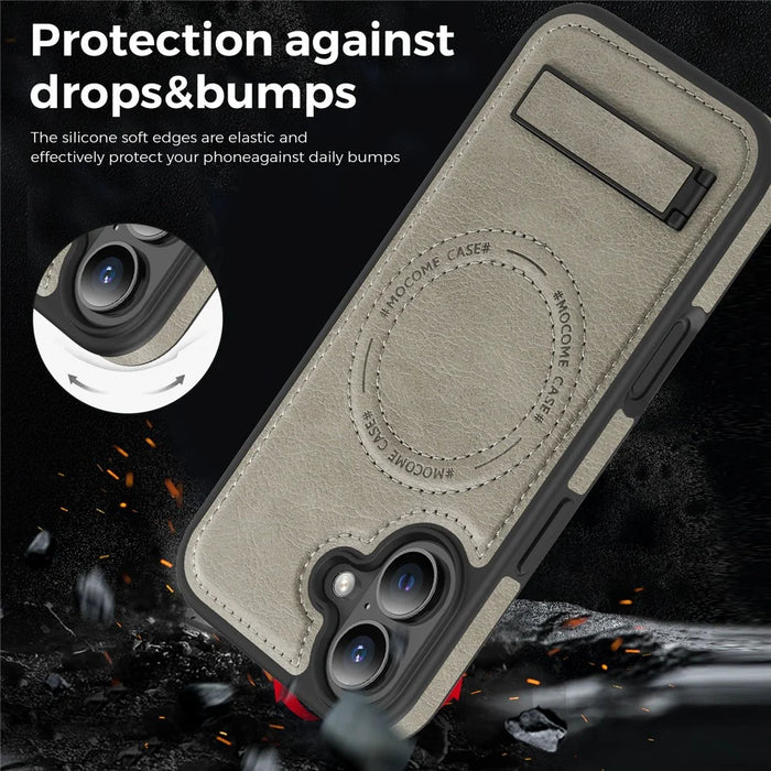 For iPhone 17 Case Compatible with MagSafe with Folded Kickstand PC Silicone Leather Phone Back Cover - Titanium Grey - 5