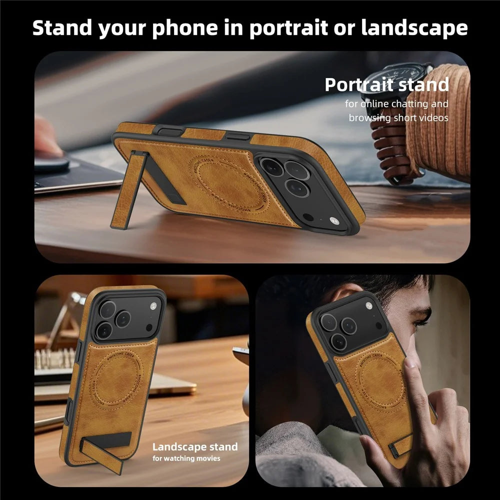 For iPhone 17 Pro Case Compatible with MagSafe with Folded Kickstand PC Silicone Leather Phone Back Cover - Brown - 3