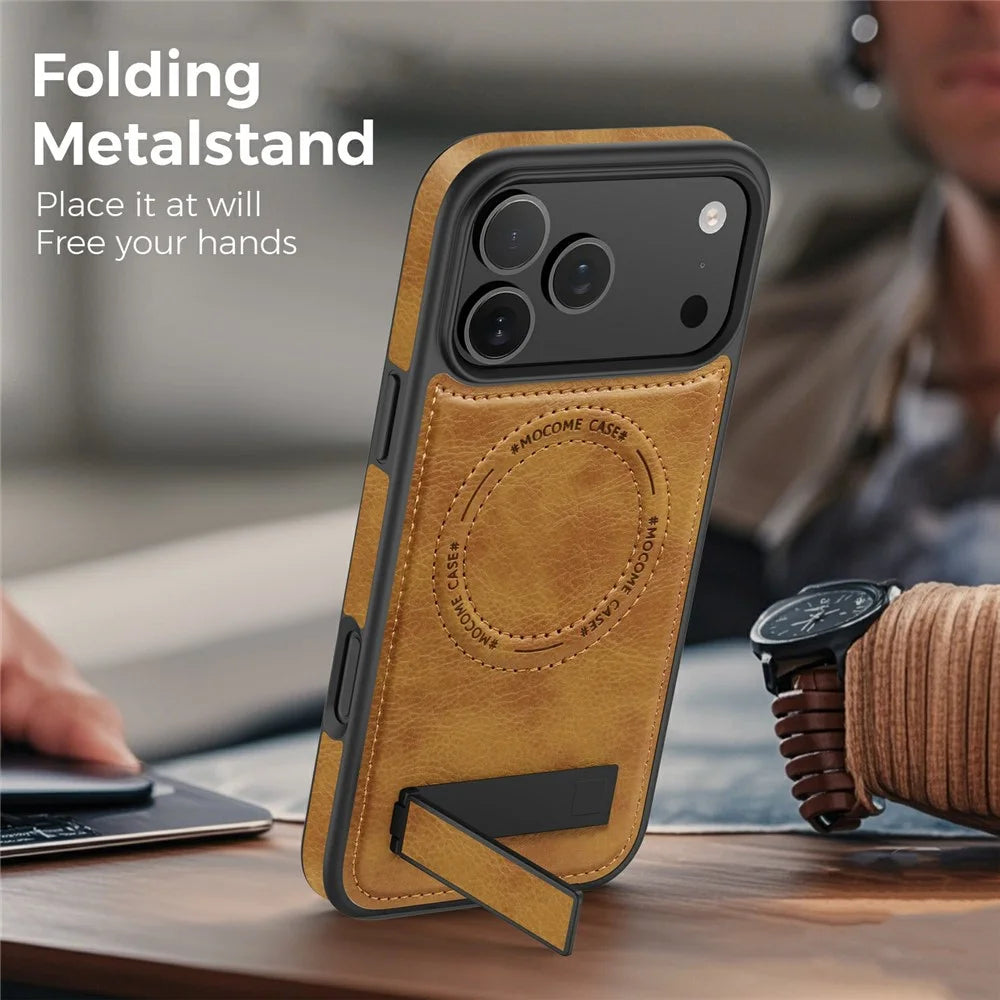 For iPhone 17 Pro Case Compatible with MagSafe with Folded Kickstand PC Silicone Leather Phone Back Cover - Brown - 4