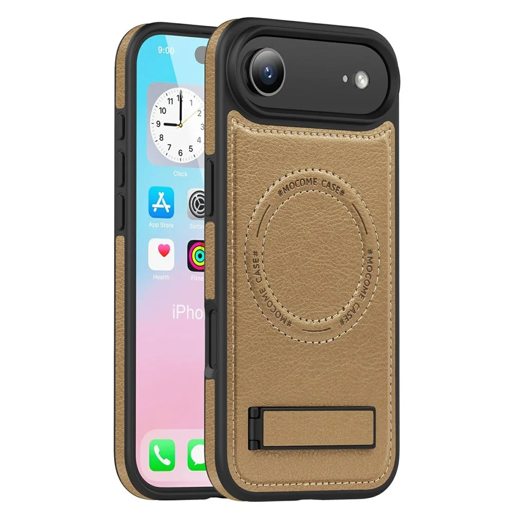 For iPhone Air Case Compatible with MagSafe with Folded Kickstand PC Silicone Leather Phone Back Cover - Desert Gold - 1