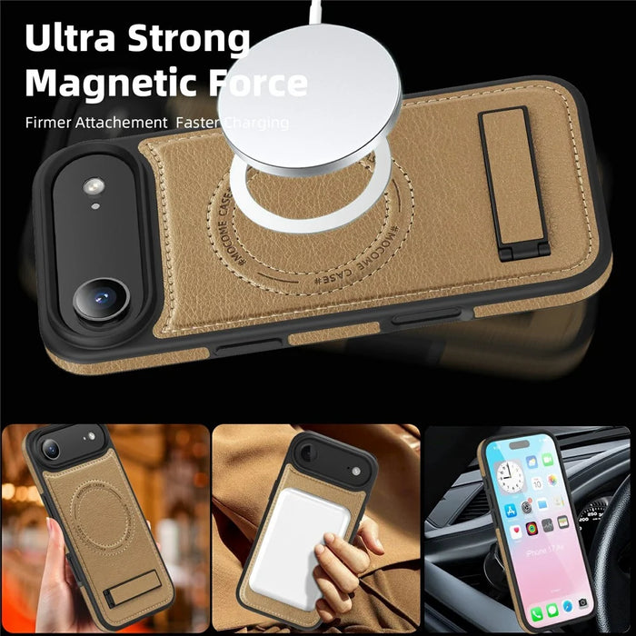 For iPhone Air Case Compatible with MagSafe with Folded Kickstand PC Silicone Leather Phone Back Cover - Desert Gold - 2
