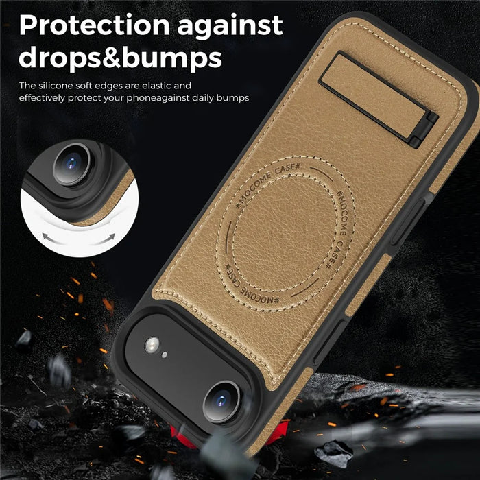 For iPhone Air Case Compatible with MagSafe with Folded Kickstand PC Silicone Leather Phone Back Cover - Desert Gold - 5
