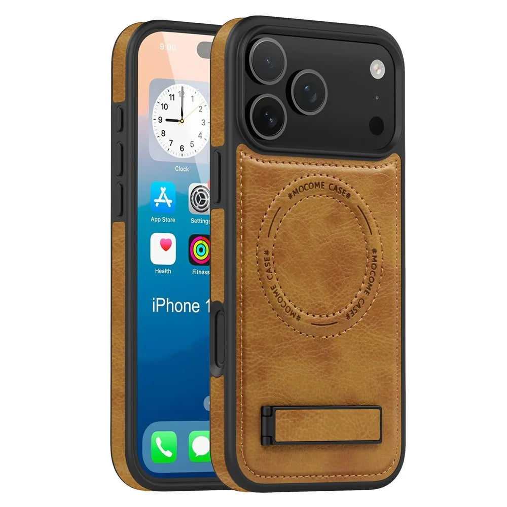 For iPhone 17 Pro Max Case Compatible with MagSafe with Folded Kickstand PC Silicone Leather Phone Back Cover - Brown - 1