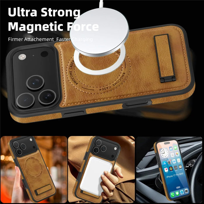 For iPhone 17 Pro Max Case Compatible with MagSafe with Folded Kickstand PC Silicone Leather Phone Back Cover - Brown - 2