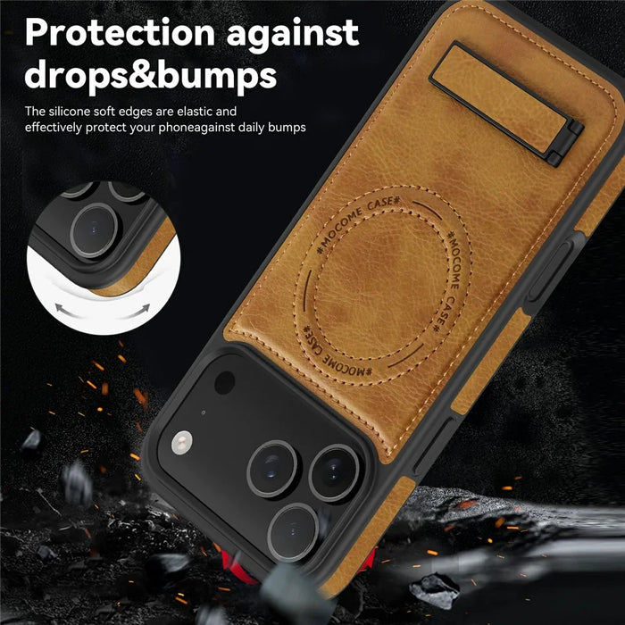 For iPhone 17 Pro Max Case Compatible with MagSafe with Folded Kickstand PC Silicone Leather Phone Back Cover - Brown - 5