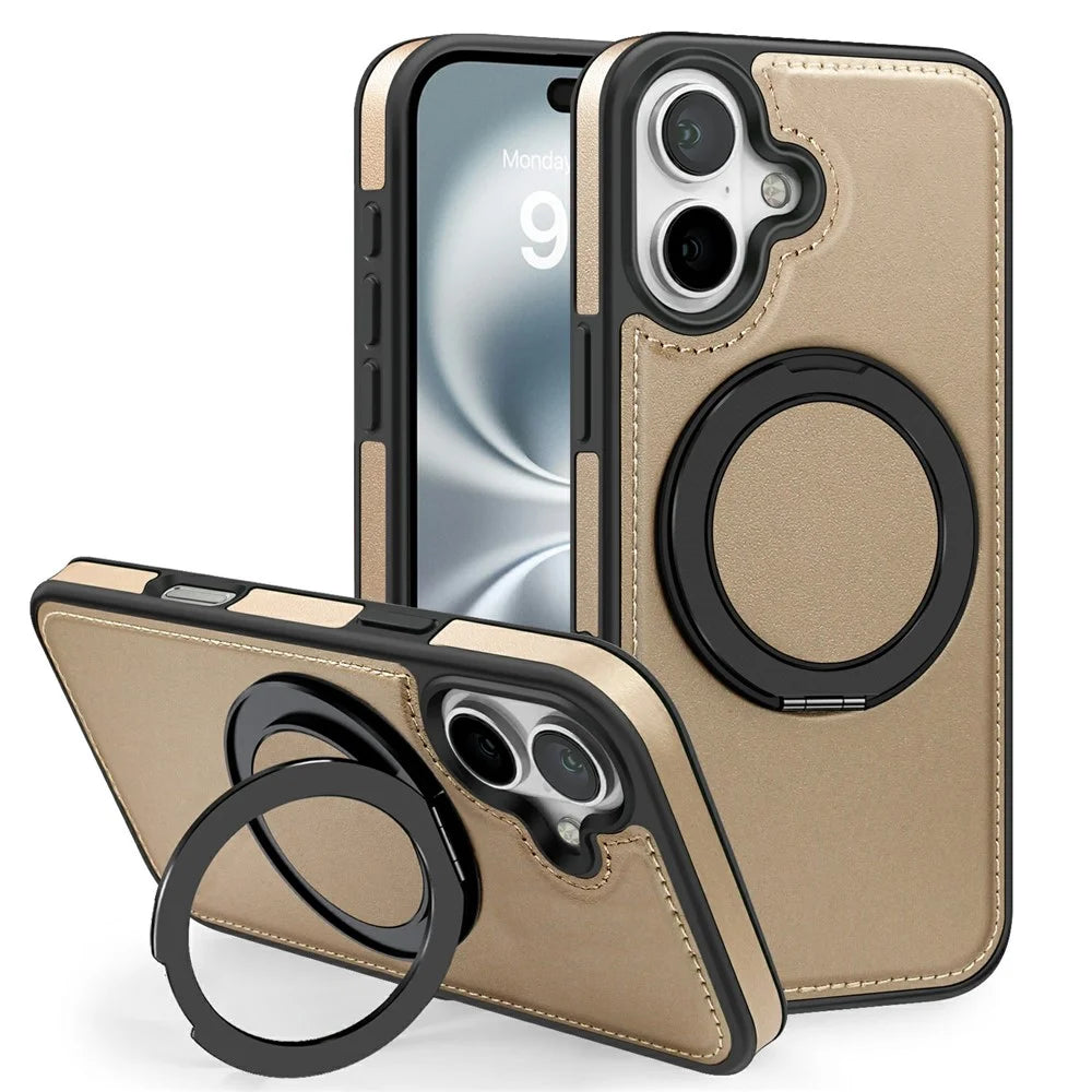 For iPhone 17 Case with Ring Kickstand Compatible with MagSafe PU Leather Back Cover - Desert Gold - 1
