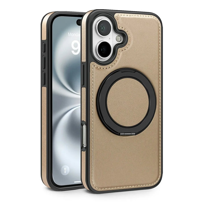 For iPhone 17 Case with Ring Kickstand Compatible with MagSafe PU Leather Back Cover - Desert Gold - 2