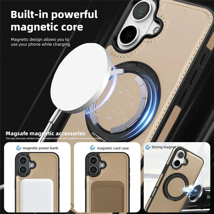 For iPhone 17 Case with Ring Kickstand Compatible with MagSafe PU Leather Back Cover - Desert Gold - 6