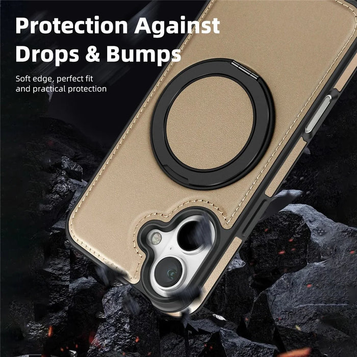 For iPhone 17 Case with Ring Kickstand Compatible with MagSafe PU Leather Back Cover - Desert Gold - 7