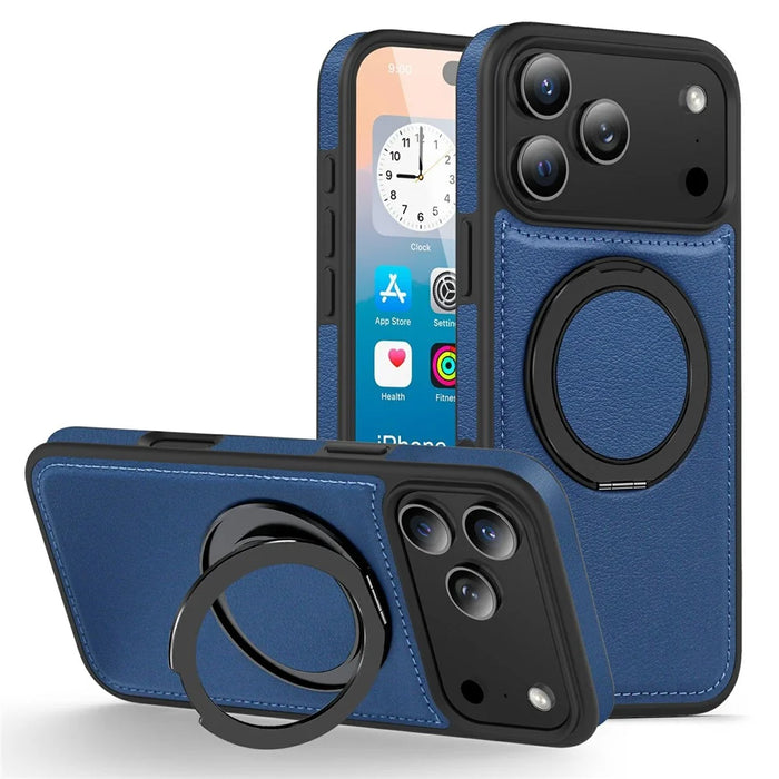 For iPhone 17 Pro Case with Ring Kickstand Compatible with MagSafe PU Leather Back Cover - Sapphire - 1