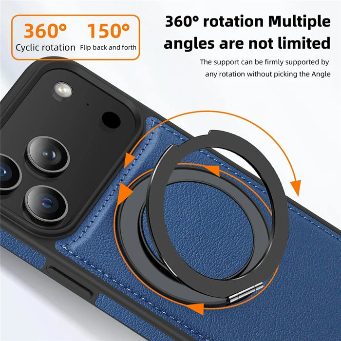 For iPhone 17 Pro Case with Ring Kickstand Compatible with MagSafe PU Leather Back Cover - Sapphire - 4