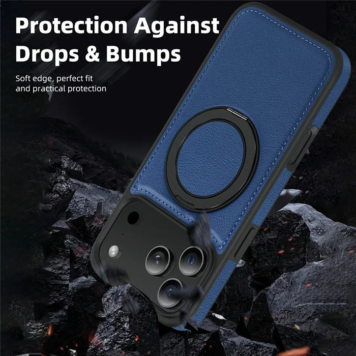 For iPhone 17 Pro Case with Ring Kickstand Compatible with MagSafe PU Leather Back Cover - Sapphire - 7