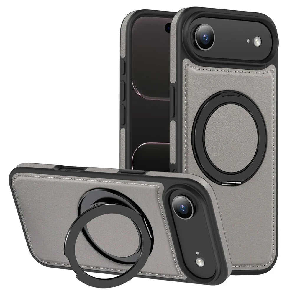 For iPhone Air Case with Ring Kickstand Compatible with MagSafe PU Leather Back Cover - Titanium Grey - 1