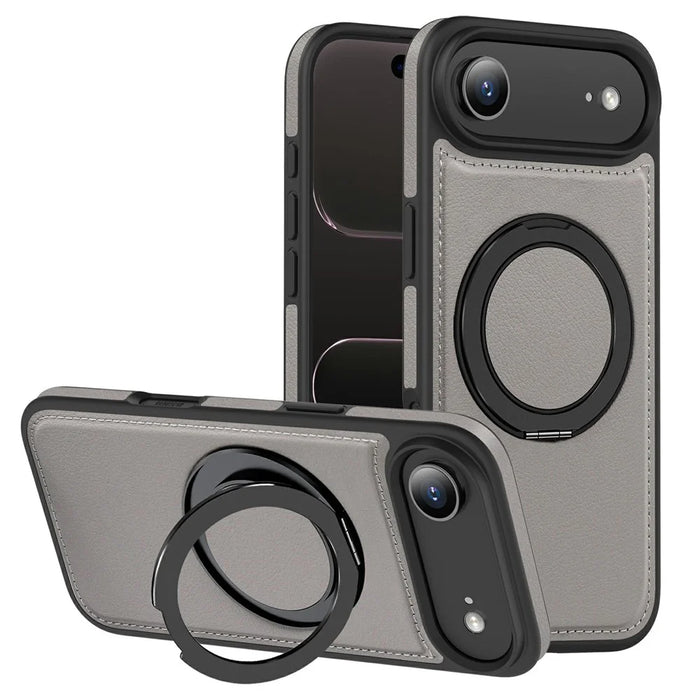 For iPhone Air Case with Ring Kickstand Compatible with MagSafe PU Leather Back Cover - Titanium Grey - 1