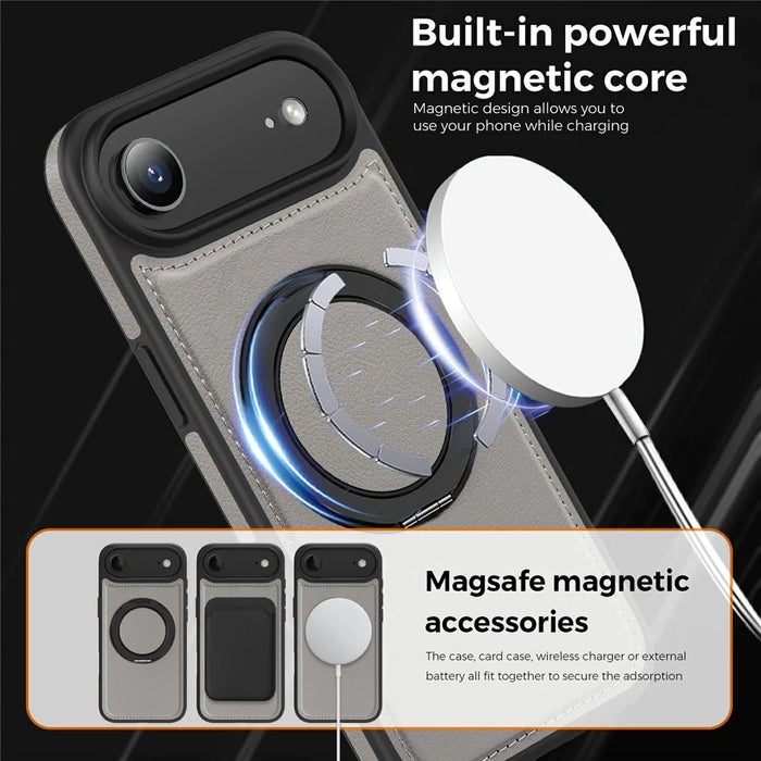 For iPhone Air Case with Ring Kickstand Compatible with MagSafe PU Leather Back Cover - Titanium Grey - 5
