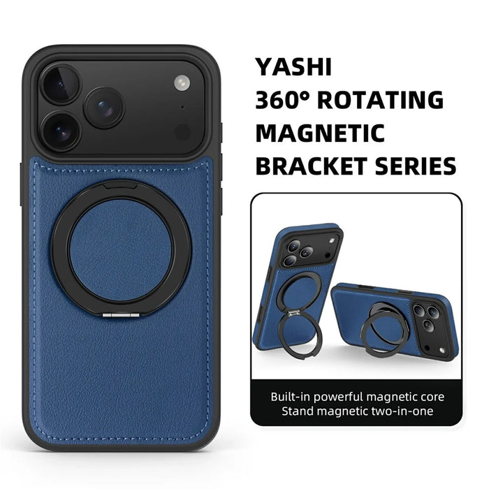 For  iPhone 17 Pro Max Case with Ring Kickstand Compatible with MagSafe PU Leather Back Cover - Sapphire - 3