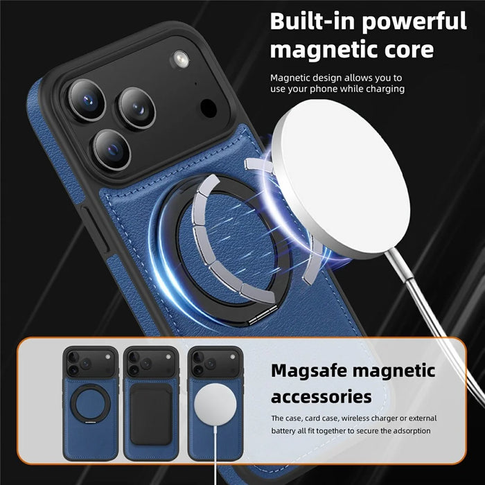 For  iPhone 17 Pro Max Case with Ring Kickstand Compatible with MagSafe PU Leather Back Cover - Sapphire - 5