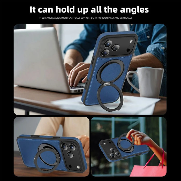 For  iPhone 17 Pro Max Case with Ring Kickstand Compatible with MagSafe PU Leather Back Cover - Sapphire - 6
