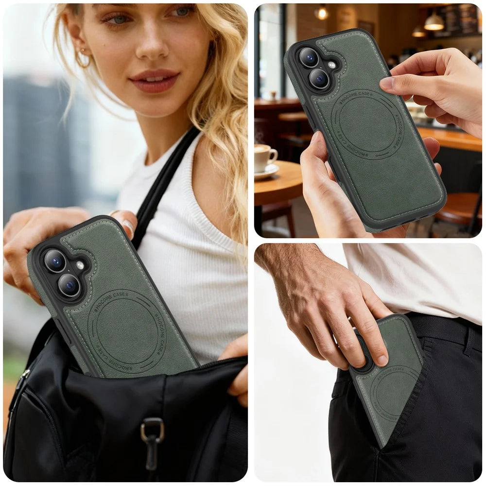 For iPhone 17 Case Compatible with MagSafe Leather Back Phone Cover - Blackish Green - 6