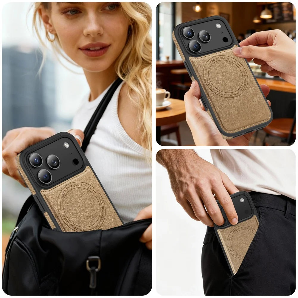 For iPhone 17 Pro Case Compatible with MagSafe Leather Back Phone Cover - Desert Gold - 6