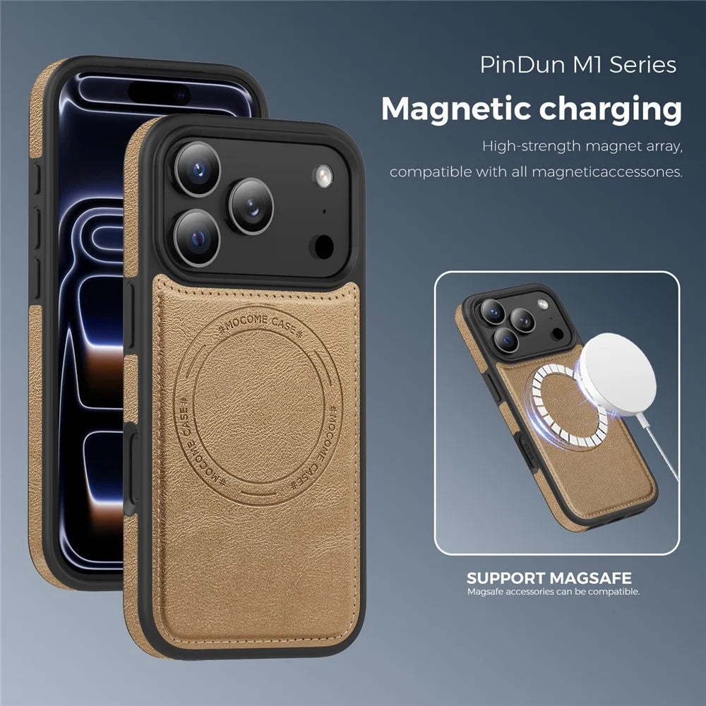 For iPhone 17 Pro Case Compatible with MagSafe Leather Back Phone Cover - Desert Gold - 7