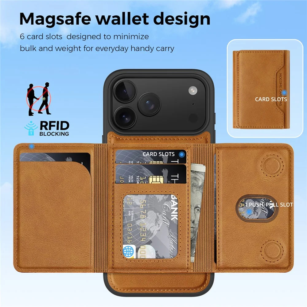 For iPhone 17 Pro Case Compatible with MagSafe Leather Back Phone Cover with Detachable Card Bag - Brown - 3