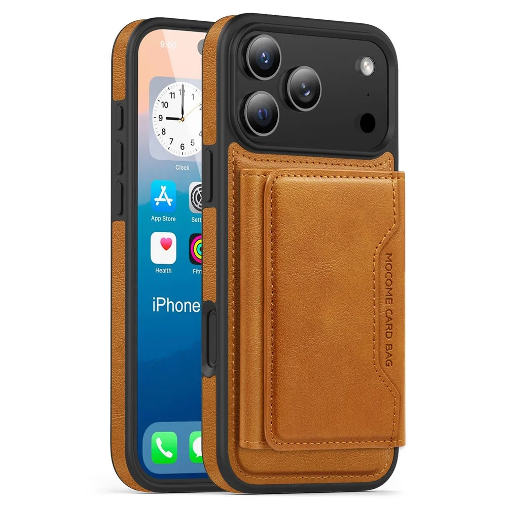 For iPhone 17 Pro Max Case Compatible with MagSafe Leather Back Phone Cover with Detachable Card Bag - Brown - 1