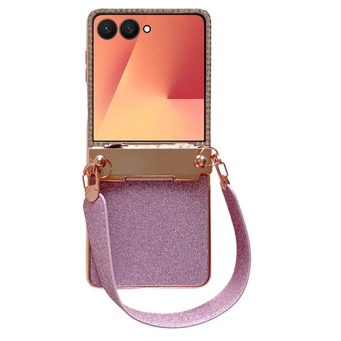 For Samsung Galaxy Z Flip7 5G Case Electroplated Edge Rhinestone Glitter PC Phone Cover with Hand Strap - Rose Gold - 1