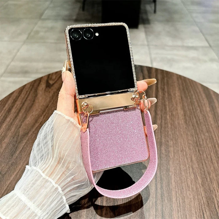 For Samsung Galaxy Z Flip7 5G Case Electroplated Edge Rhinestone Glitter PC Phone Cover with Hand Strap - Rose Gold - 2