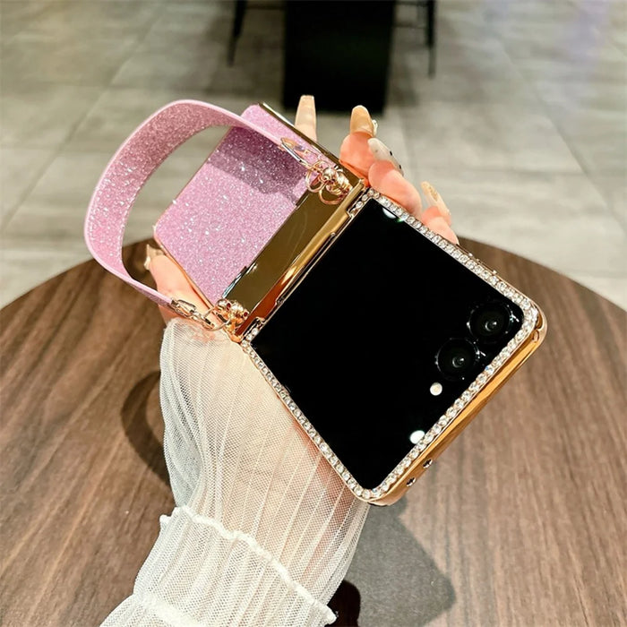 For Samsung Galaxy Z Flip7 5G Case Electroplated Edge Rhinestone Glitter PC Phone Cover with Hand Strap - Rose Gold - 3
