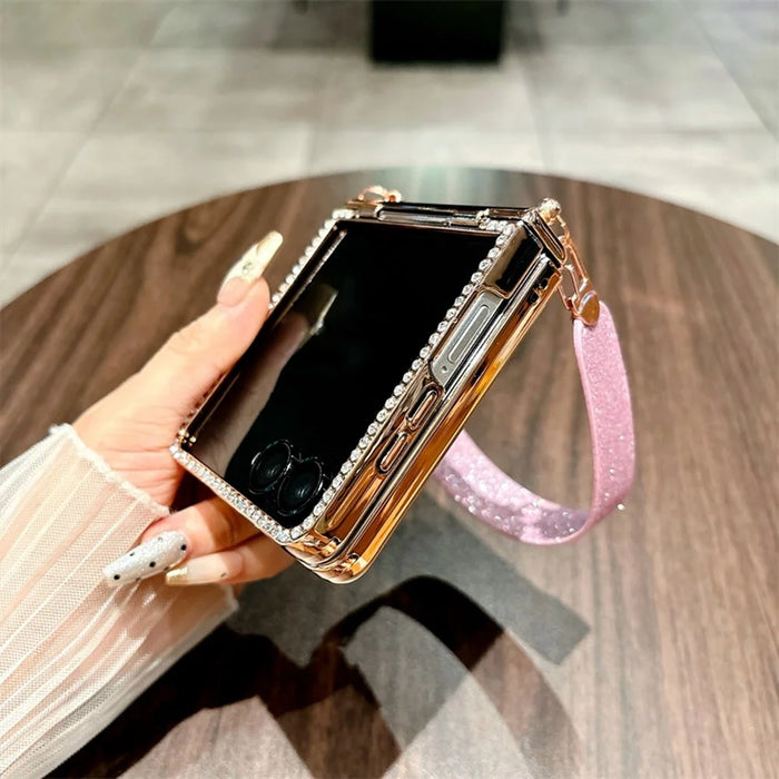 For Samsung Galaxy Z Flip7 5G Case Electroplated Edge Rhinestone Glitter PC Phone Cover with Hand Strap - Rose Gold - 6