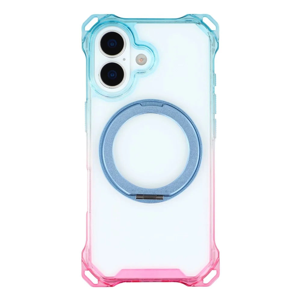 For iPhone 17 Magnetic Case Ring Kickstand TPU + PC Phone Cover - Gradient Blue / Pink - 1