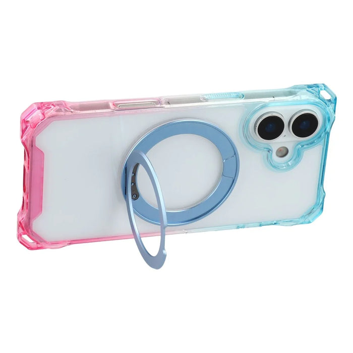For iPhone 17 Magnetic Case Ring Kickstand TPU + PC Phone Cover - Gradient Blue / Pink - 4