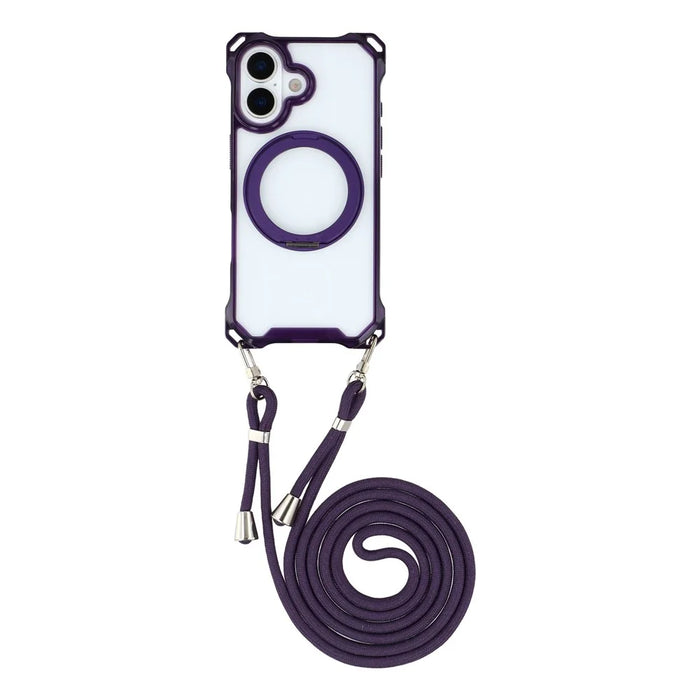 For iPhone 17 Magnetic Case Ring Kickstand TPU + PC Phone Cover with Lanyard - Purple - 1