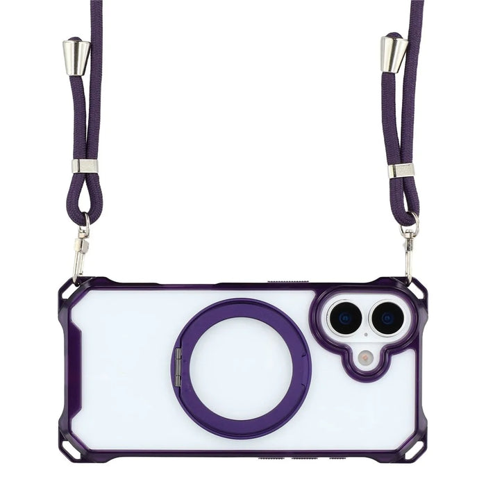 For iPhone 17 Magnetic Case Ring Kickstand TPU + PC Phone Cover with Lanyard - Purple - 2